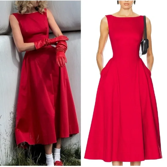 NWT Helsa Stretch Cotton Sateen Midi Dress - Red Lipstick - Picture 2 of 10